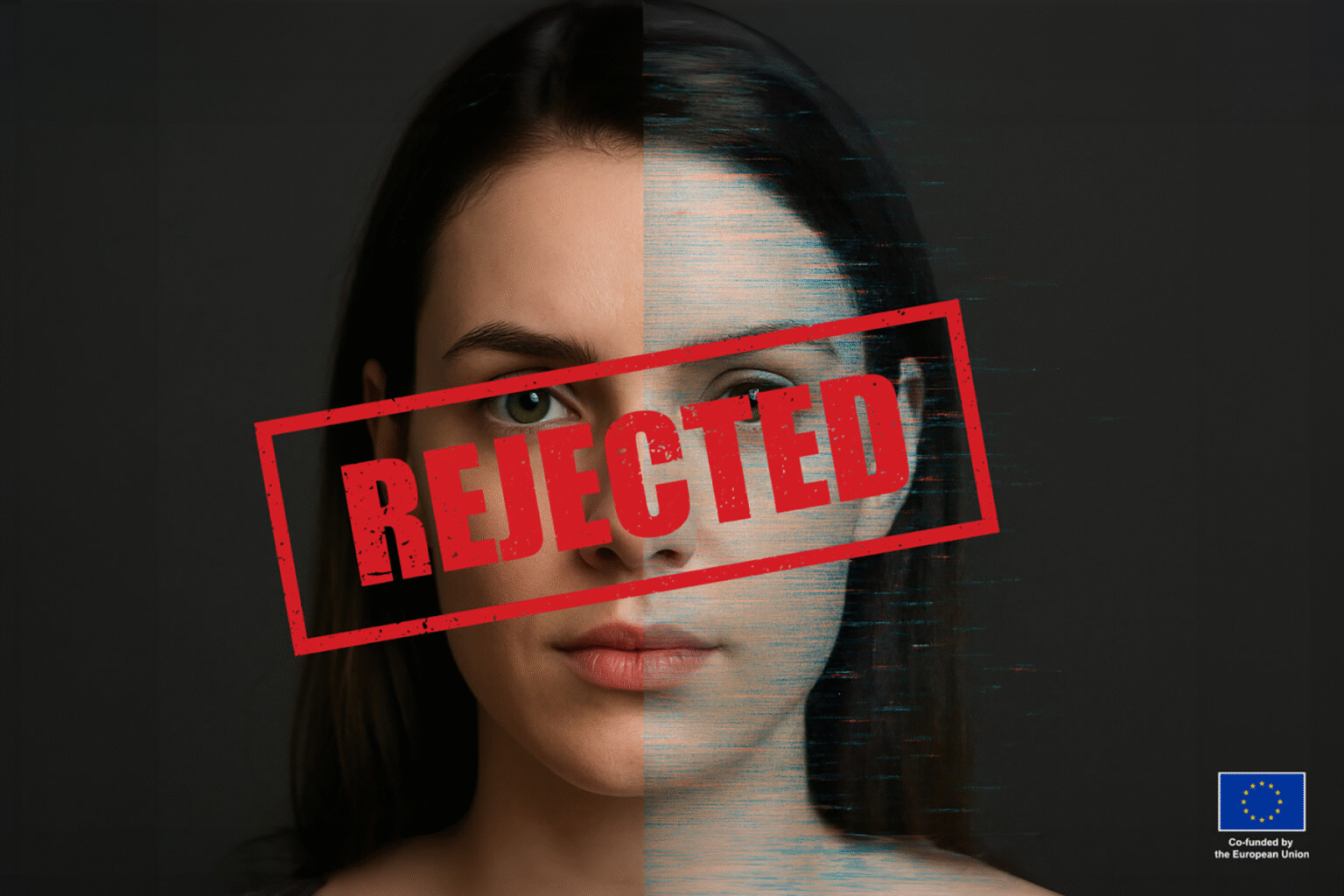 AI picture of a woman and stamp rejected on her face