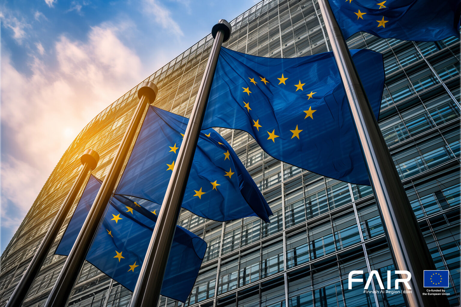 EU Parliament and EU flags in front of it.
